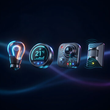 Smart Home Automation Technology Icons Representing Connected Devices and Wireless Security Systems for Modern Living Environments