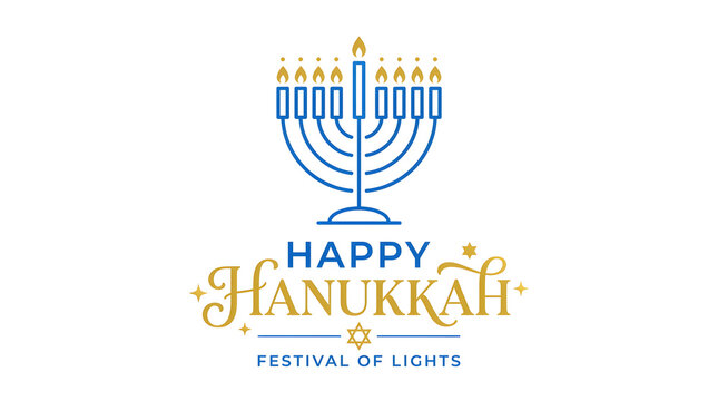 Minimal Line Icon of Menorah with Happy Hanukkah Festival Celebration Greeting