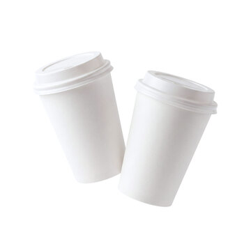 Two blank white paper coffee cups with lids floating