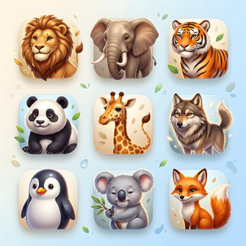 Adorable vector illustrations of various wild animals designed as cute app icons, perfect for children's games and educational apps and mobile interfaces