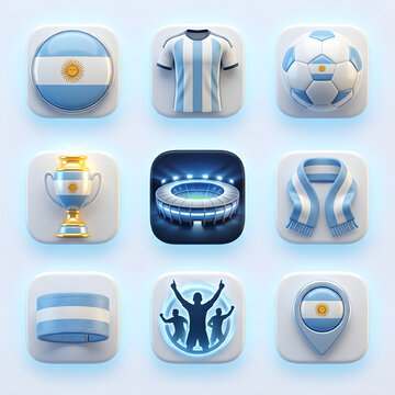 Vibrant 3D rendered icon set representing Argentinian football passion, showcasing national team elements such as the flag, jersey, soccer ball, stadium, and championship trophy