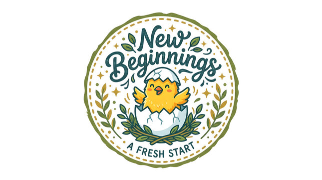 Hatching chick emerging from cracked egg in fresh start circular badge illustration