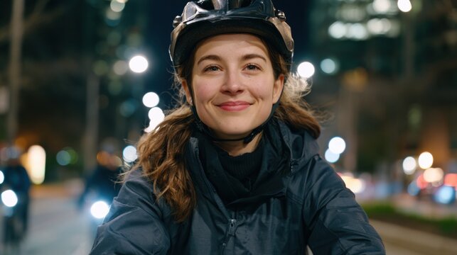 Female cyclist wearing a helmet and dark jacket smiles while riding on a bike lane at night, illuminated by city lights and blurred background of other cyclists
