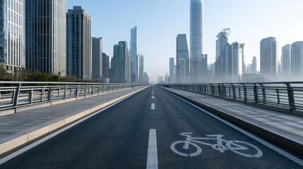 Fototapeta premium Urban bike lane marked on a wide road with modern skyscrapers lining both sides, showcasing a clear pathway for cyclists in a metropolitan cityscape