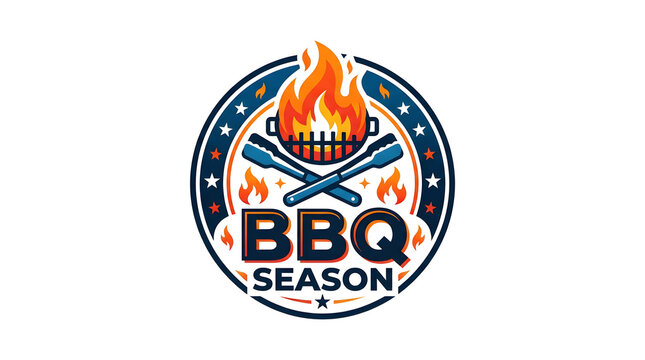 BBQ Season Icon with Grill Flame and Tongs