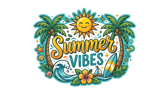 Colorful Summer Vibes Tropical Beach Wreath with Palm Trees and Sun