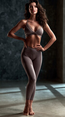 Fototapeta premium fitness woman in sensual sportswear posing confidently in studio, athletic female model showcasing modern activewear in studio portrait, confident sporty woman wearing fashionable fitness apparel 