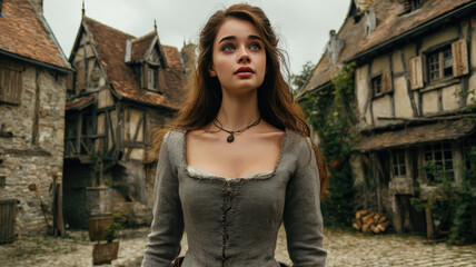 Fototapeta premium Europe medieval lifestyle. A vivid portrayal of a young woman standing in a picturesque medieval village. She wears a textured, gray dress with a deep Vneckline and a delicate necklace. Her long.