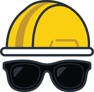 Bright yellow protective construction hard hat displayed with dark black sunglasses in a clean vector illustration
