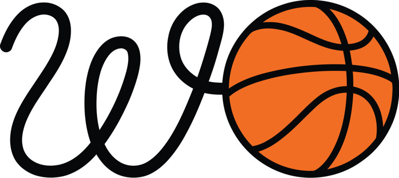 Creative vector graphic illustration showing a stylized cursive letter w attached to an orange basketball icon