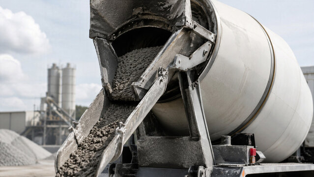 Cement mixer pouring wet concrete at construction site. Industrial machinery unloading building material for infrastructure project. Production process at concrete plant facility.