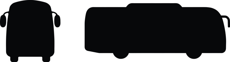 Minimalist black vector illustration showing front and side view silhouettes of a modern passenger bus © SEA VIEW