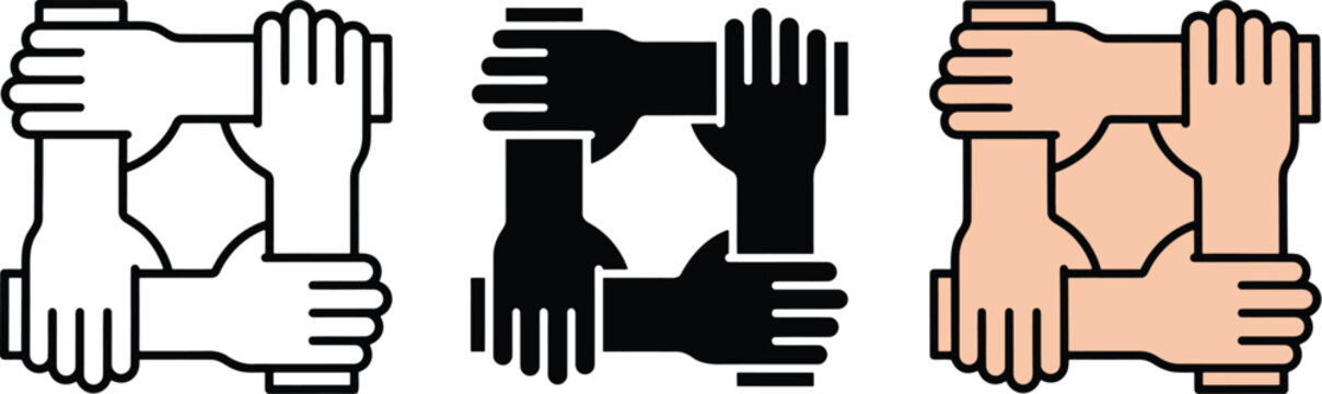 Minimalist vector graphic illustration showing four hands joined together in a circle representing teamwork unity