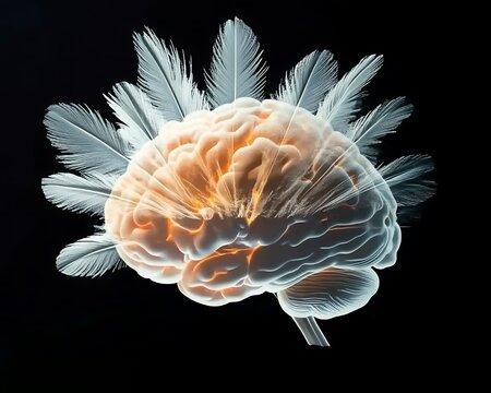 Conceptual rendering of human brain adorned with delicate white feathers against dark void backdrop.