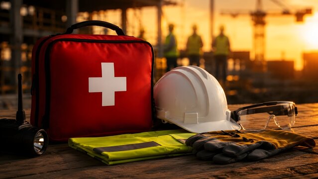Essential personal protective equipment and first aid kit on a construction site at golden hour, highlighting safety importance.