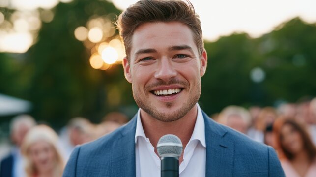 Smiling man in a blue suit holding a microphone outdoors, with a blurred crowd and sunset in the background, creating a lively and engaging atmosphere