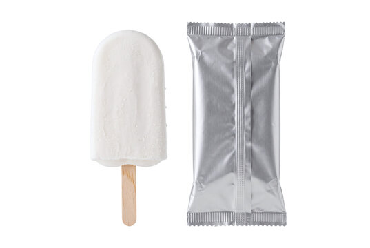 White ice cream bar mockup with blank silver wrapper