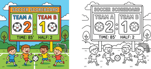 Fototapeta premium Kids playing soccer match with scoreboard coloring book page and colorful vector illustration set for children recreation activity
