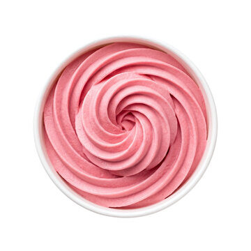 Swirling pink ice cream in white paper cup top view