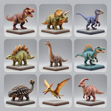 Collection of realistic prehistoric dinosaur 3D miniatures and figurines on display bases