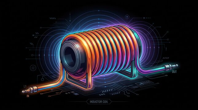 Inductor coil glowing with electromagnetic field and circuit board details on dark background.