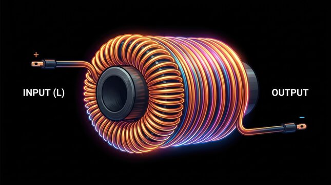 Abstract illustration of toroidal copper coil inductor for electromagnetic power systems.