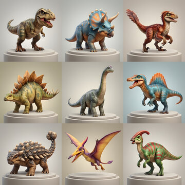 Set of Detailed Cute Cartoon Dinosaur Figures on Pedestals Isolated on Neutral Background