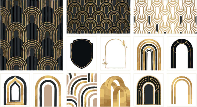 Art Deco seamless pattern vector set with luxury gold and black architectural arch frames for invitation design