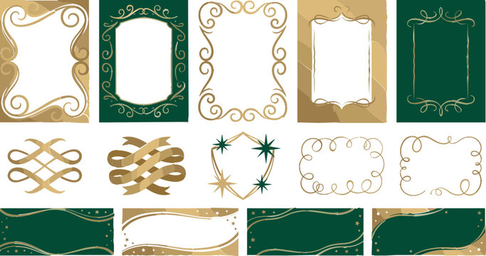 Gothic frame vector set with luxury gold and emerald green filigree borders ribbon scrolls and vintage banners