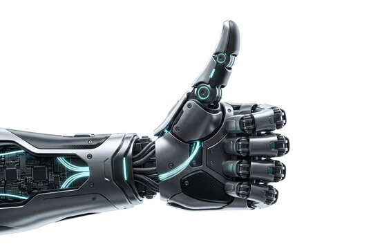 Futuristic robotic arm showing thumbs up gesture of approval