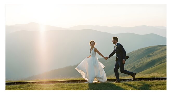 Bride and groom running in mountain meadow at sunset