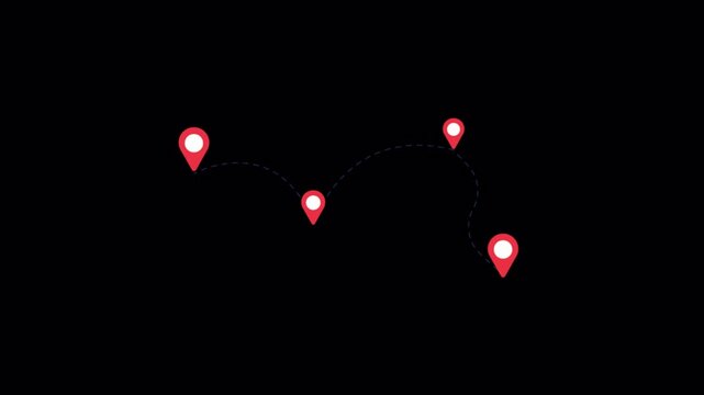 Animated Map Route with Red Location Pins - Transparent