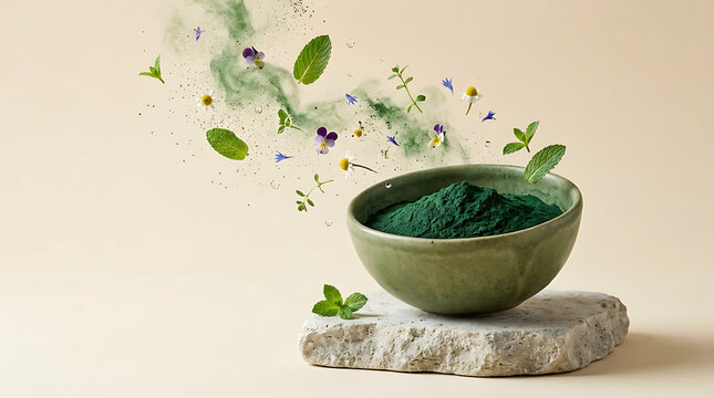 Vibrant organic spirulina powder displayed in a rustic green bowl with floating fresh mint leaves and delicate wild summer flowers