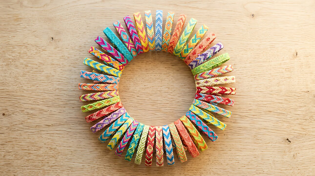 Tight circle of multicolored braided friendship bracelets on a wooden surface with bracelet friendship handmade accessory colorful creative ornament collection geometric wearable