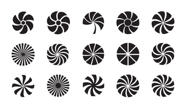 Set of various spiral fan blades and round turbine vents icons for industrial equipment.