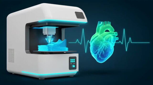 3d printer creating artificial heart. Medical bioprinting technology for organ transplant. Future innovation in bioengineering and cardiology research development.