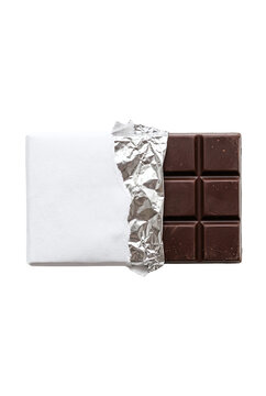 Partially unwrapped chocolate bar with blank white paper packaging