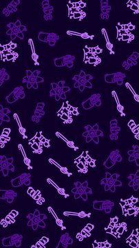 A repeating pattern featuring hand-drawn style icons related to science and education, including atom symbols, ABC blocks, and paintbrushes, on a deep purple backdrop. Ideal for educational materials.