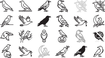 Fototapeta premium Black Crow Icon Set Featuring Flying and Perched Raven Silhouettes
