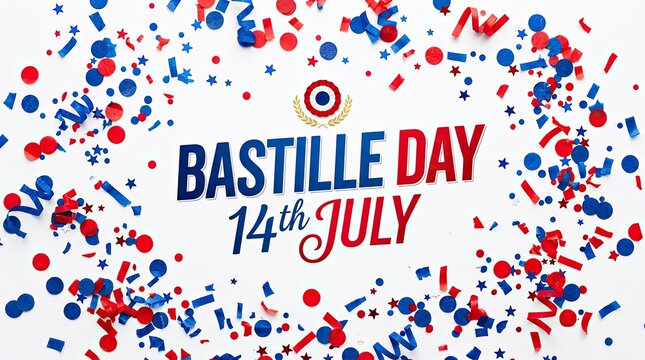 Bastille Day 14th July text with red blue confetti.