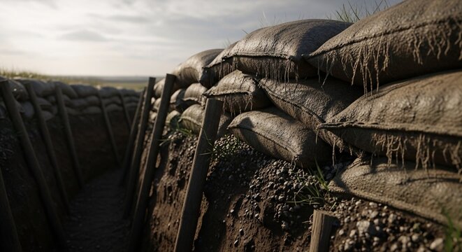 Close up of sandbags stacked to form a barrier during flood emergency flood control flood defense water protection and disaster preparedness scene