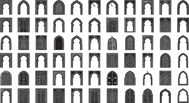 Set of ornate archway silhouettes featuring traditional middle eastern architectural patterns and decorative geometric door designs