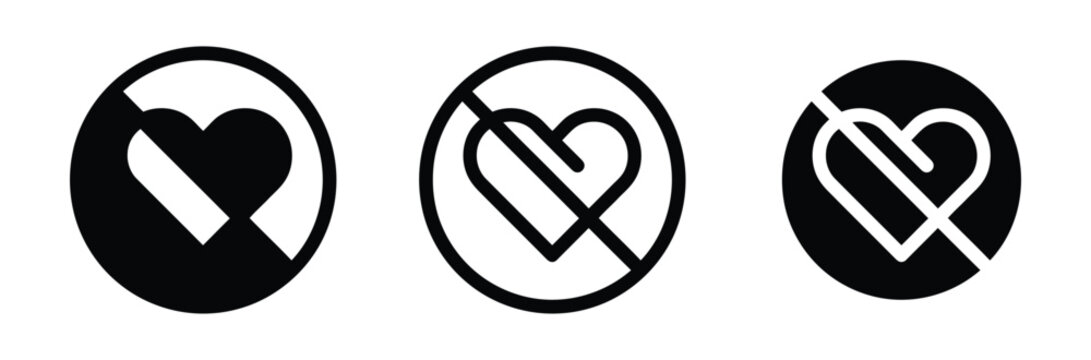 No love icon vector set. Broken heart forbidden sign, stop romance, hate or dislike symbol, heart with restriction line illustration in outline and glyph style for Adobe Stock and Shutterstock.