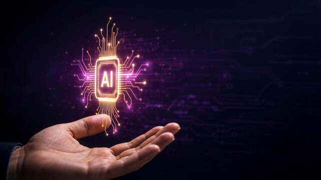 Hand holding glowing AI microchip with digital circuit background futuristic technology concept