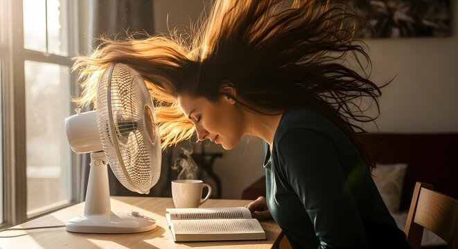 Woman with hair blowing in wind from desk fan