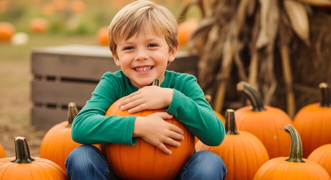 Smiling boy hugging pumpkin in pumpkin patch