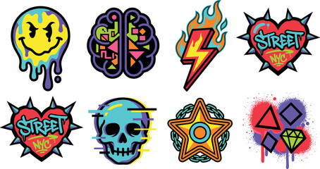 Fototapeta premium Edgy Streetwear Graphic Vector Element Set Featuring Melting Smiley Brain Glitch Skull Flaming Lightning Spiked Heart and Graffiti Star Icons