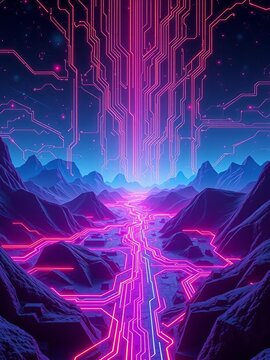 Neon circuitry patterns dance across a futuristic landscape, futuristic, system