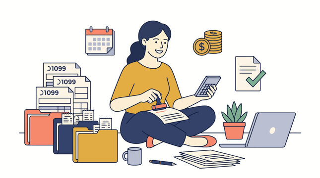 Freelancer organizing 1099 tax forms and receipts flat vector illustration