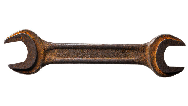 Isolated old rusty double-ended wrench, weathered metal tool for maintenance and repair